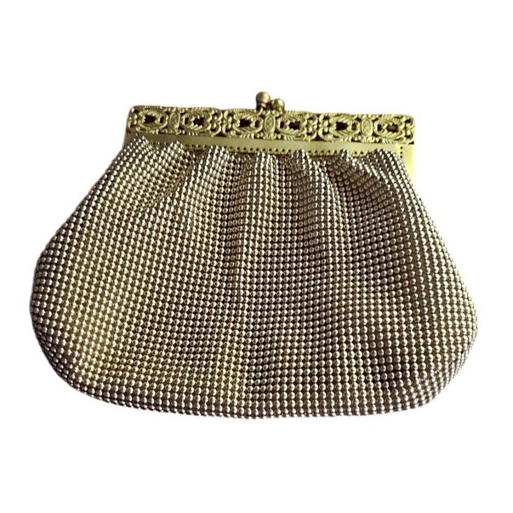 Gold Mesh Evening Clutch Purse With Decorative Frame & Chain Strap By Whiting &